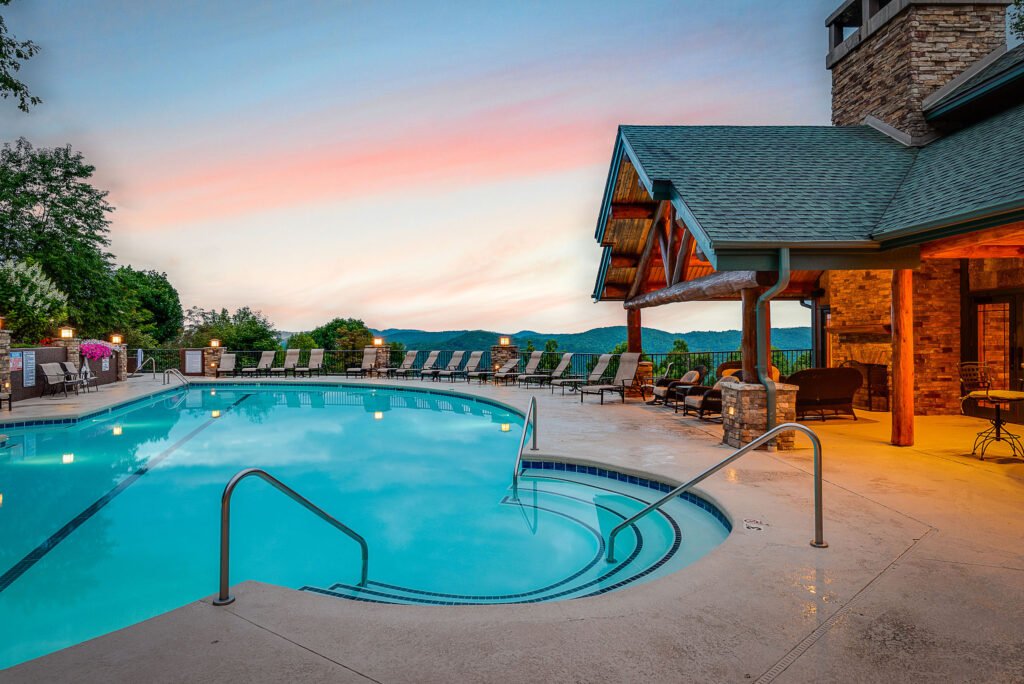 Resort clubhouse pool with mountain views