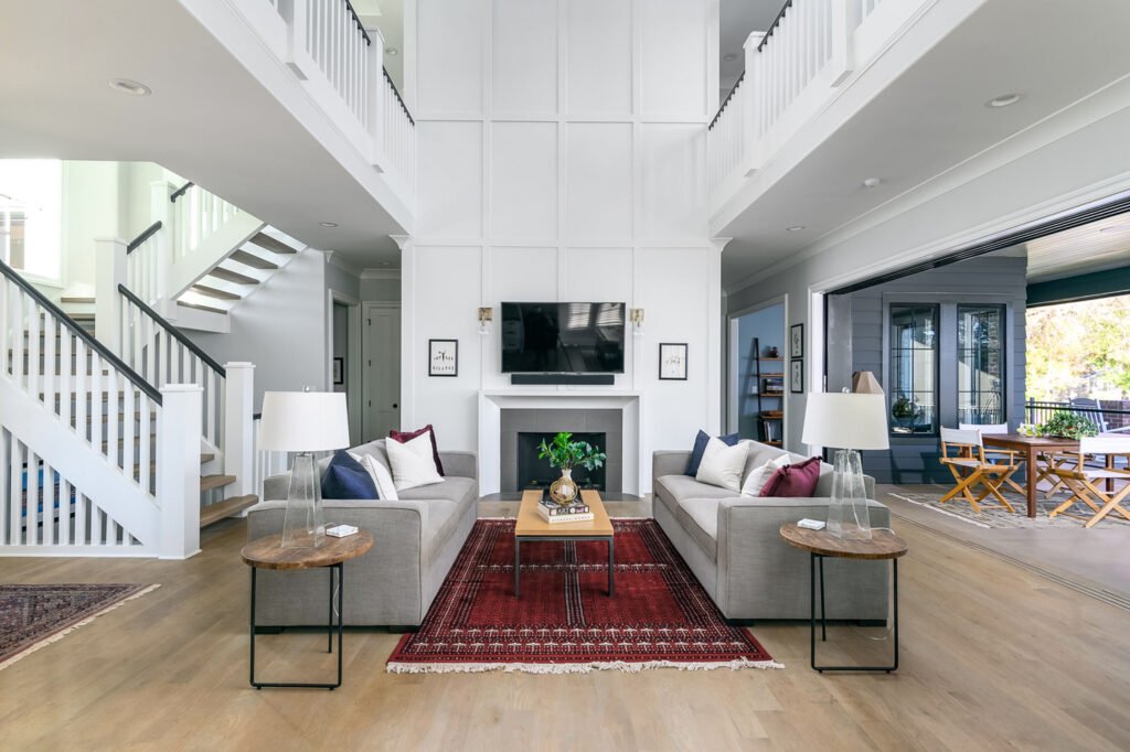 Two-story living room with board and batten detailing